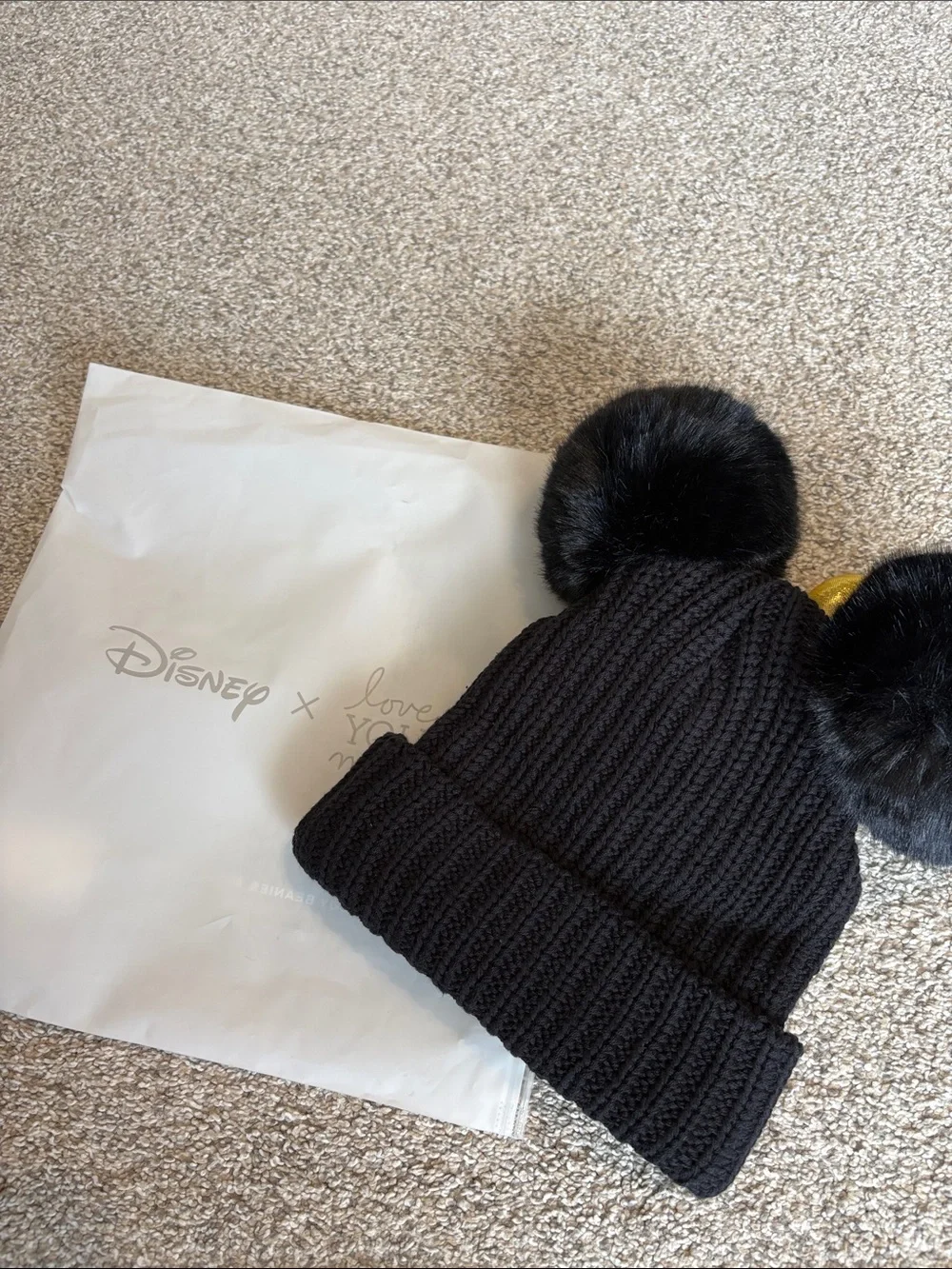 Disney Love Your Melon Kids Black Beanie with Gold Bow and Black Pom Poms